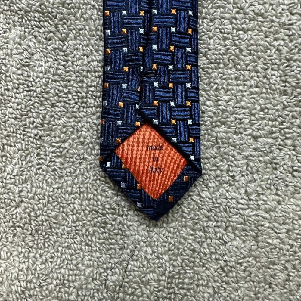 Tino Cosma Navy Blue Orange Geometric Basketweave Silk Tie Made in Italy
